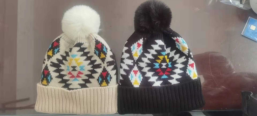 Aztec style winter pom hats